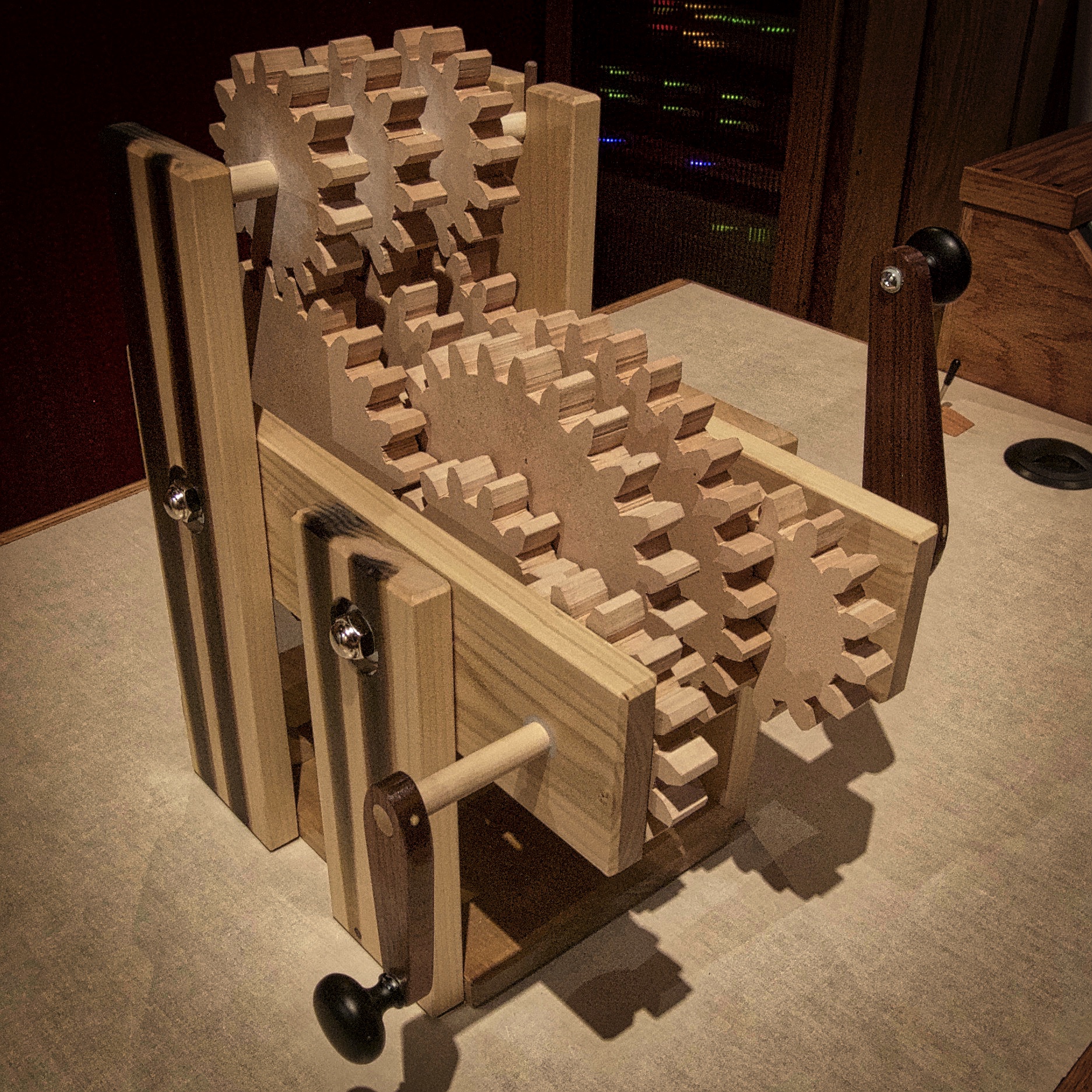 A hand built gear train sound effects device.