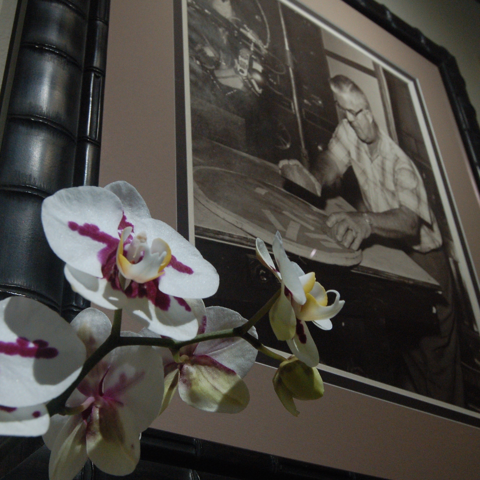 ramed black-and-white photograph of soundmaker displayed in the studio