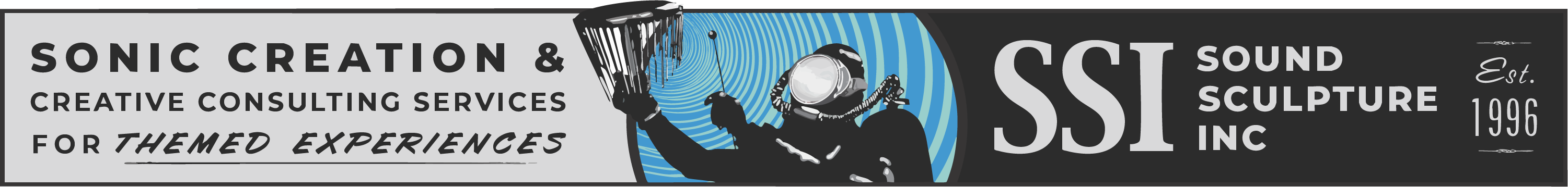 Graphic banner featuring the Sound Sculpture Inc. name, establishment date, and illustrated diver playing instrument with text describing sonic creation and creative consulting services for themed experiences